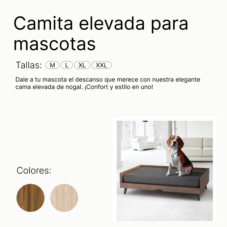 Perro sentado en una cama elevada de nogal para mascotas Petit Garden